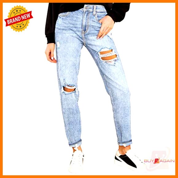 Stretch High Waisted Ripped Boyfriend Jeans Slim Fit Distressed Denim Pants - Picture 4 of 7